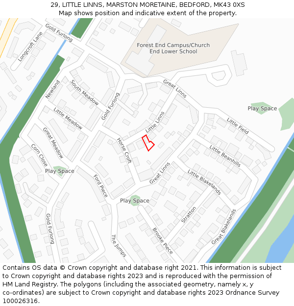 29, LITTLE LINNS, MARSTON MORETAINE, BEDFORD, MK43 0XS: Location map and indicative extent of plot