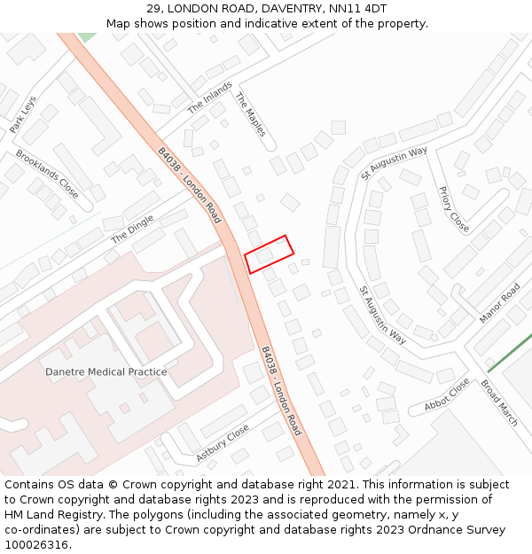 29, LONDON ROAD, DAVENTRY, NN11 4DT: Location map and indicative extent of plot