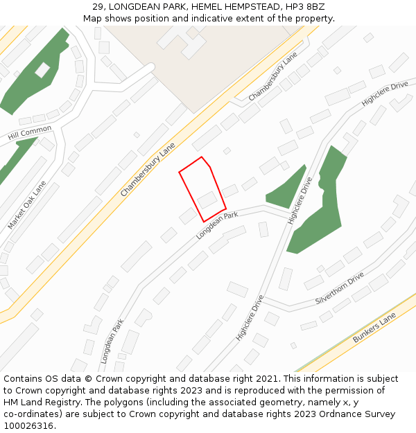 29, LONGDEAN PARK, HEMEL HEMPSTEAD, HP3 8BZ: Location map and indicative extent of plot