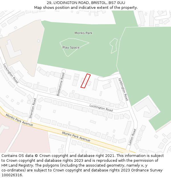 29, LYDDINGTON ROAD, BRISTOL, BS7 0UU: Location map and indicative extent of plot