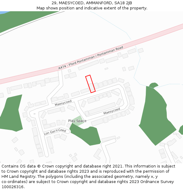 29, MAESYCOED, AMMANFORD, SA18 2JB: Location map and indicative extent of plot