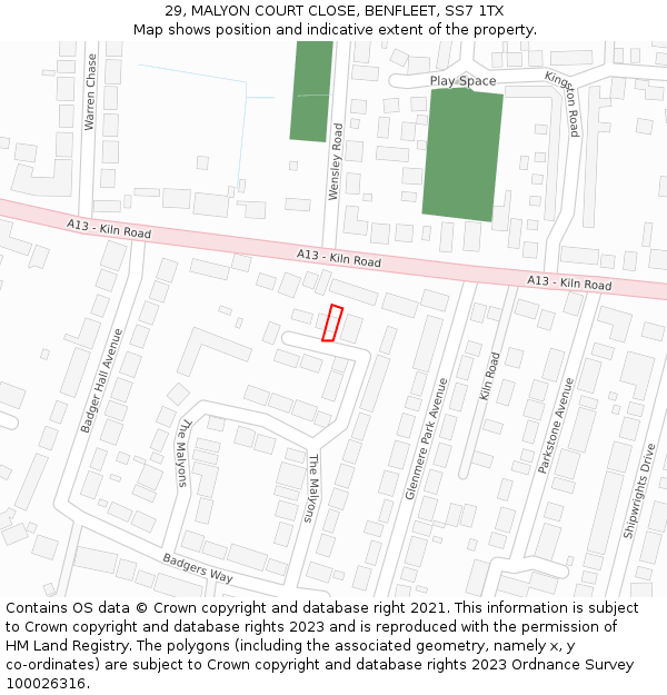 29, MALYON COURT CLOSE, BENFLEET, SS7 1TX: Location map and indicative extent of plot