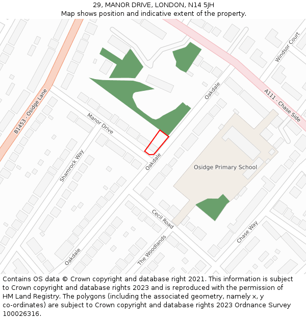29, MANOR DRIVE, LONDON, N14 5JH: Location map and indicative extent of plot