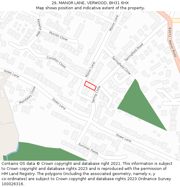 29, MANOR LANE, VERWOOD, BH31 6HX: Location map and indicative extent of plot