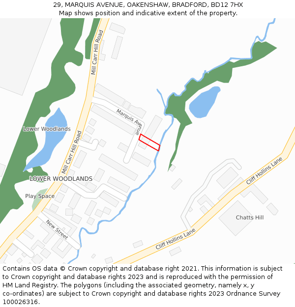 29, MARQUIS AVENUE, OAKENSHAW, BRADFORD, BD12 7HX: Location map and indicative extent of plot