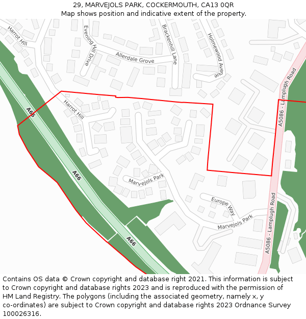 29, MARVEJOLS PARK, COCKERMOUTH, CA13 0QR: Location map and indicative extent of plot