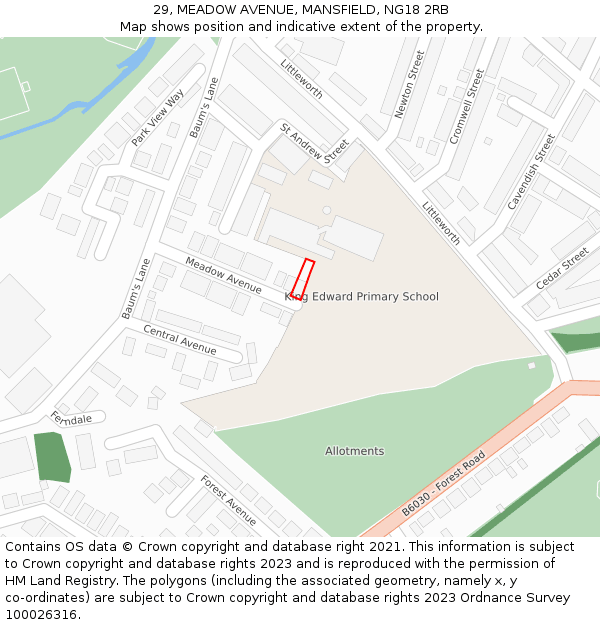 29, MEADOW AVENUE, MANSFIELD, NG18 2RB: Location map and indicative extent of plot