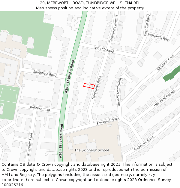 29, MEREWORTH ROAD, TUNBRIDGE WELLS, TN4 9PL: Location map and indicative extent of plot