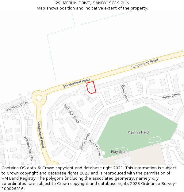 29, MERLIN DRIVE, SANDY, SG19 2UN: Location map and indicative extent of plot