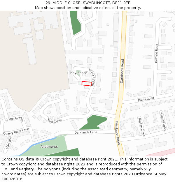 29, MIDDLE CLOSE, SWADLINCOTE, DE11 0EF: Location map and indicative extent of plot