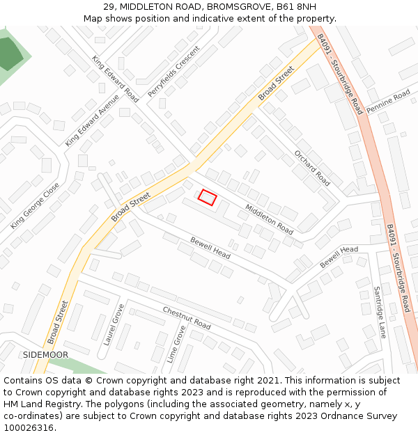 29, MIDDLETON ROAD, BROMSGROVE, B61 8NH: Location map and indicative extent of plot