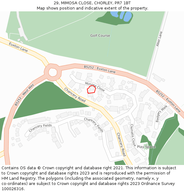 29, MIMOSA CLOSE, CHORLEY, PR7 1BT: Location map and indicative extent of plot