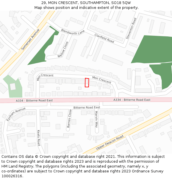 29, MON CRESCENT, SOUTHAMPTON, SO18 5QW: Location map and indicative extent of plot