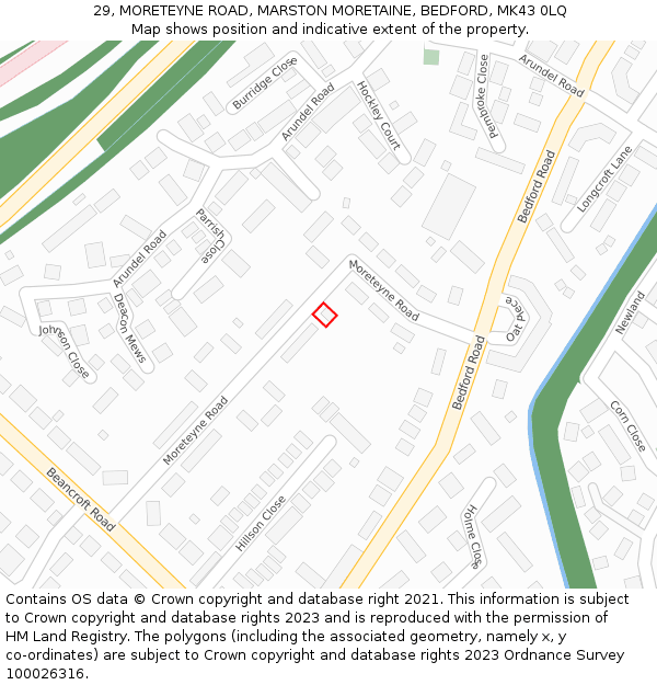 29, MORETEYNE ROAD, MARSTON MORETAINE, BEDFORD, MK43 0LQ: Location map and indicative extent of plot