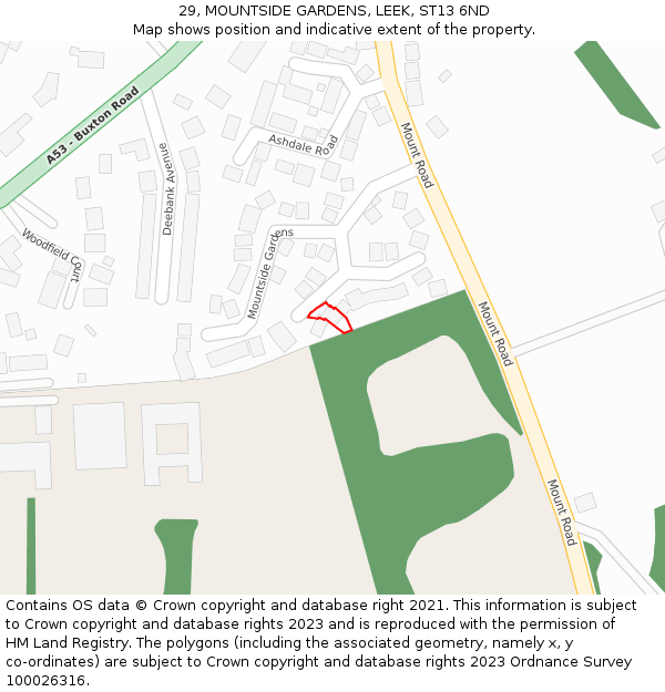 29, MOUNTSIDE GARDENS, LEEK, ST13 6ND: Location map and indicative extent of plot