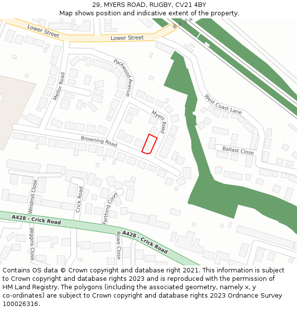 29, MYERS ROAD, RUGBY, CV21 4BY: Location map and indicative extent of plot