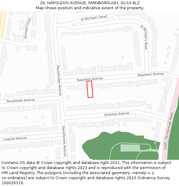 29, NAPOLEON AVENUE, FARNBOROUGH, GU14 8LZ: Location map and indicative extent of plot