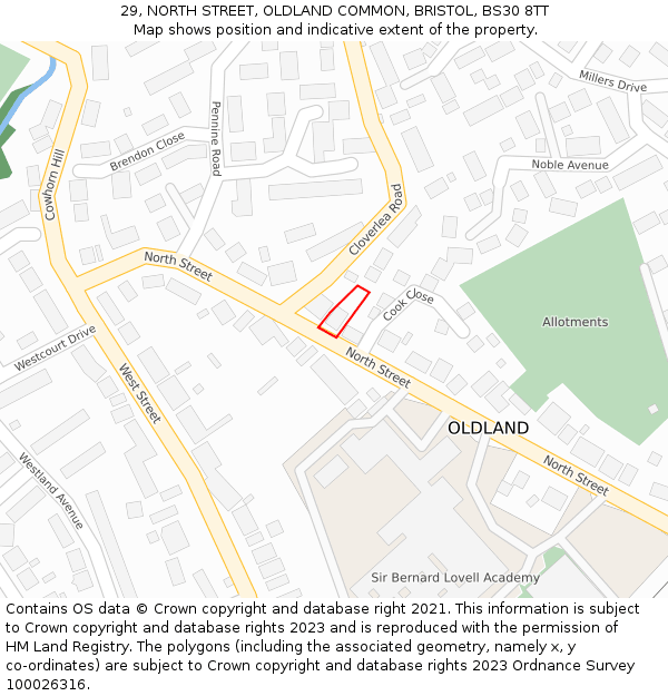 29, NORTH STREET, OLDLAND COMMON, BRISTOL, BS30 8TT: Location map and indicative extent of plot