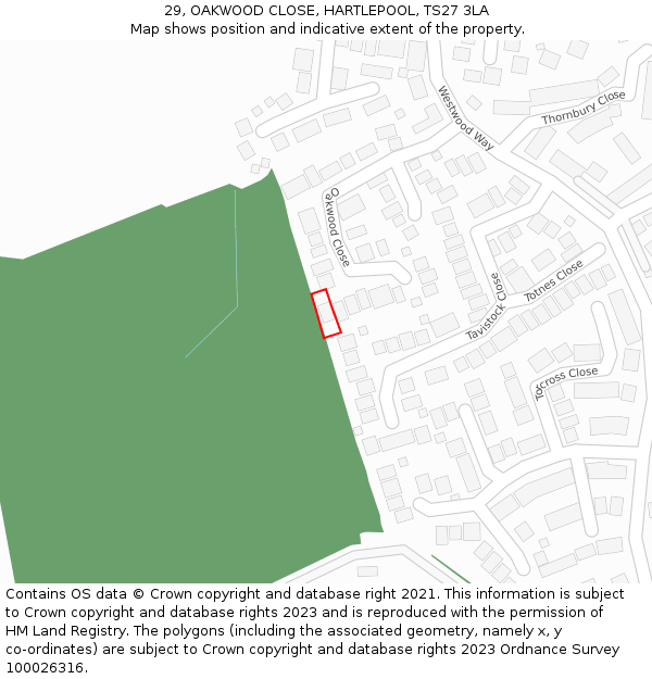 29, OAKWOOD CLOSE, HARTLEPOOL, TS27 3LA: Location map and indicative extent of plot