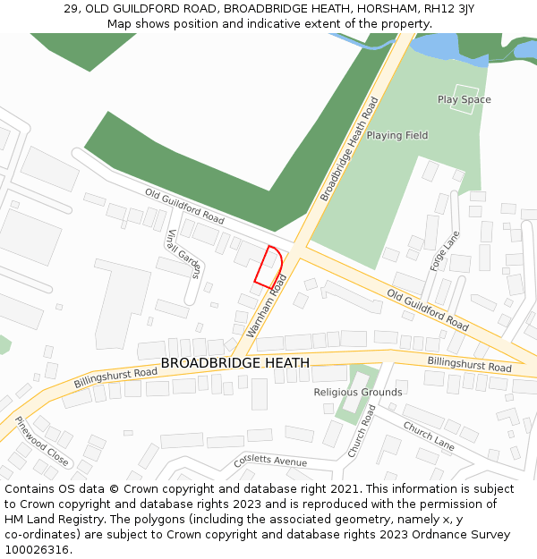 29, OLD GUILDFORD ROAD, BROADBRIDGE HEATH, HORSHAM, RH12 3JY: Location map and indicative extent of plot