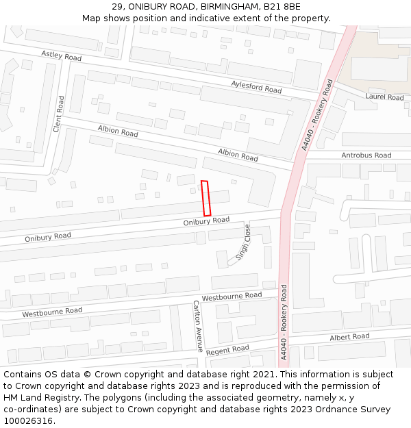 29, ONIBURY ROAD, BIRMINGHAM, B21 8BE: Location map and indicative extent of plot