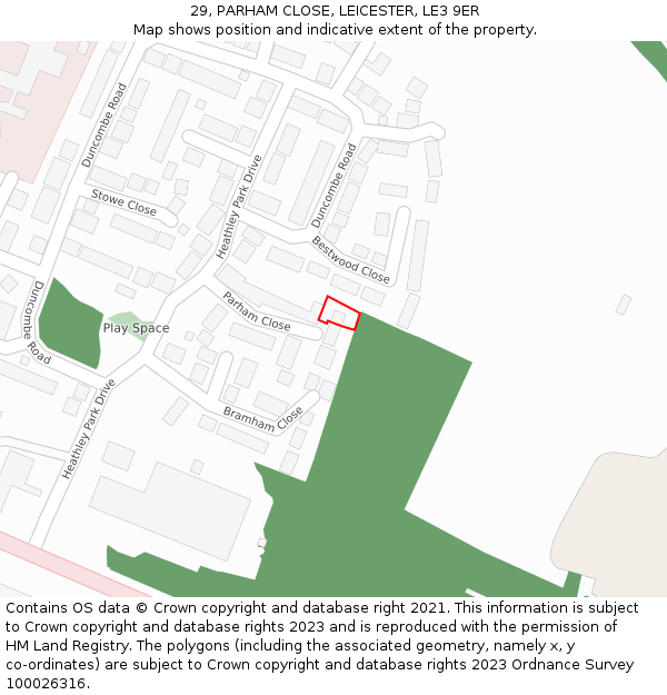 29, PARHAM CLOSE, LEICESTER, LE3 9ER: Location map and indicative extent of plot