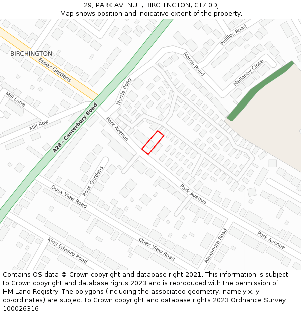 29, PARK AVENUE, BIRCHINGTON, CT7 0DJ: Location map and indicative extent of plot