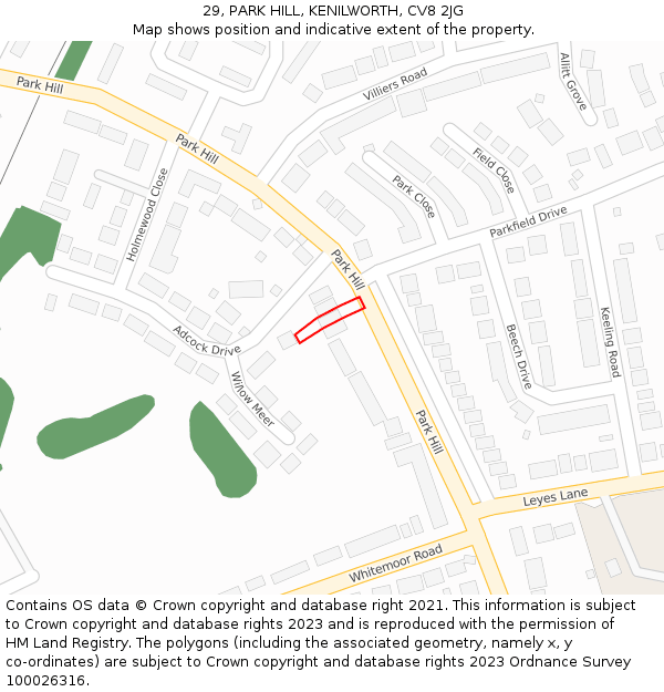 29, PARK HILL, KENILWORTH, CV8 2JG: Location map and indicative extent of plot