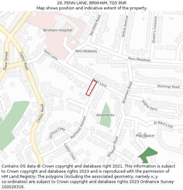 29, PENN LANE, BRIXHAM, TQ5 9NR: Location map and indicative extent of plot