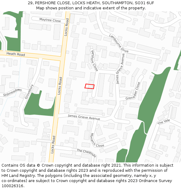 29, PERSHORE CLOSE, LOCKS HEATH, SOUTHAMPTON, SO31 6UF: Location map and indicative extent of plot