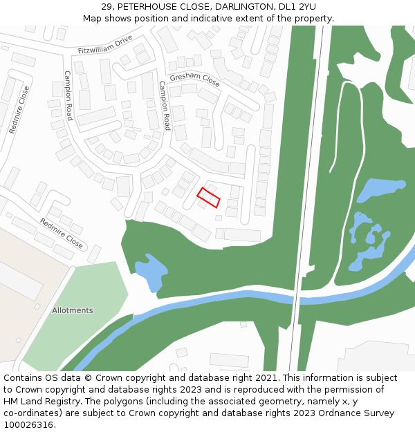 29, PETERHOUSE CLOSE, DARLINGTON, DL1 2YU: Location map and indicative extent of plot