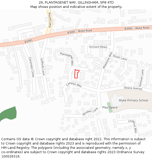 29, PLANTAGENET WAY, GILLINGHAM, SP8 4TD: Location map and indicative extent of plot