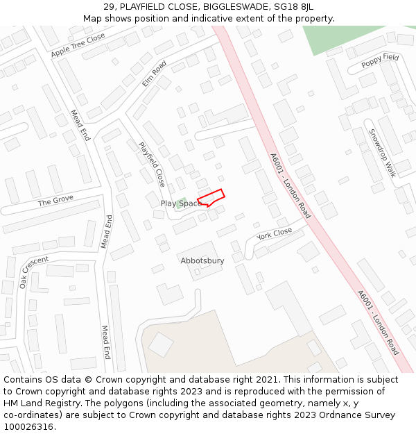 29, PLAYFIELD CLOSE, BIGGLESWADE, SG18 8JL: Location map and indicative extent of plot