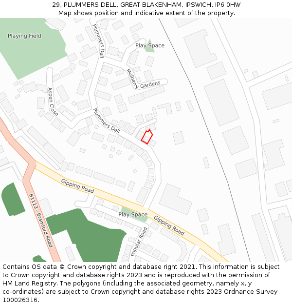 29, PLUMMERS DELL, GREAT BLAKENHAM, IPSWICH, IP6 0HW: Location map and indicative extent of plot