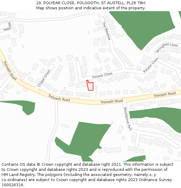 29, POLYEAR CLOSE, POLGOOTH, ST AUSTELL, PL26 7BH: Location map and indicative extent of plot