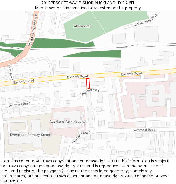 29, PRESCOTT WAY, BISHOP AUCKLAND, DL14 6FL: Location map and indicative extent of plot