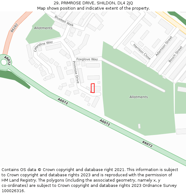 29, PRIMROSE DRIVE, SHILDON, DL4 2JQ: Location map and indicative extent of plot