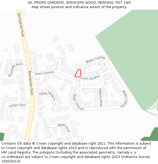 29, PRIORS GARDENS, SPENCERS WOOD, READING, RG7 1WS: Location map and indicative extent of plot