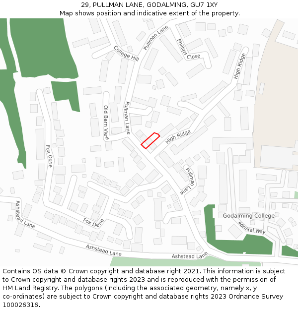 29, PULLMAN LANE, GODALMING, GU7 1XY: Location map and indicative extent of plot
