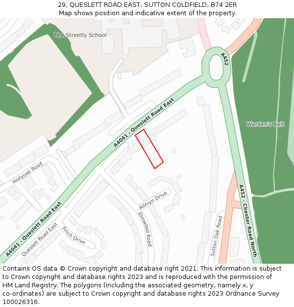 29, QUESLETT ROAD EAST, SUTTON COLDFIELD, B74 2ER: Location map and indicative extent of plot