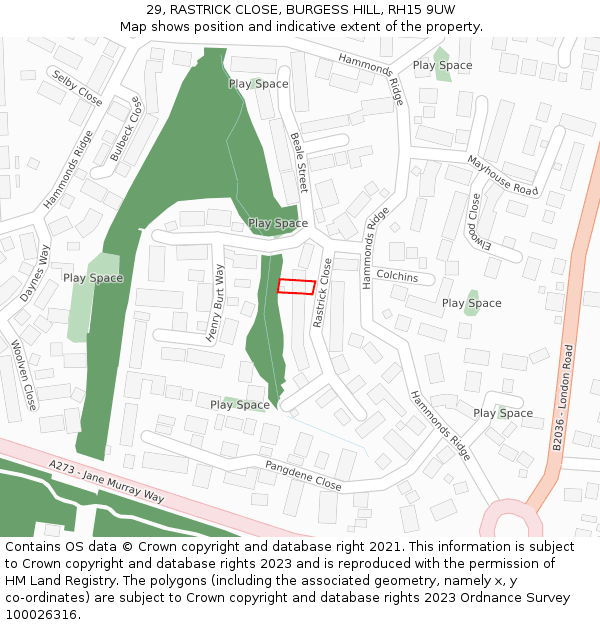 29, RASTRICK CLOSE, BURGESS HILL, RH15 9UW: Location map and indicative extent of plot