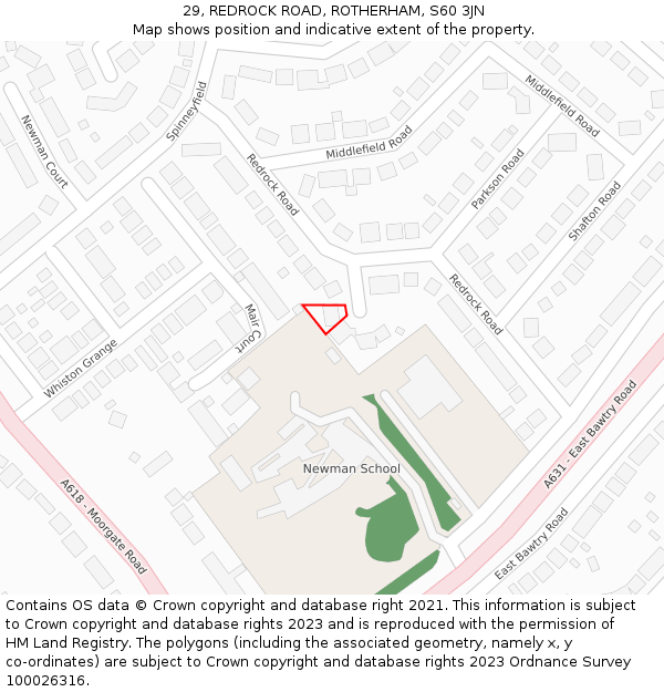 29, REDROCK ROAD, ROTHERHAM, S60 3JN: Location map and indicative extent of plot