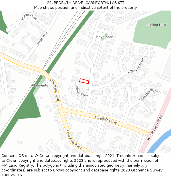29, REDRUTH DRIVE, CARNFORTH, LA5 9TT: Location map and indicative extent of plot