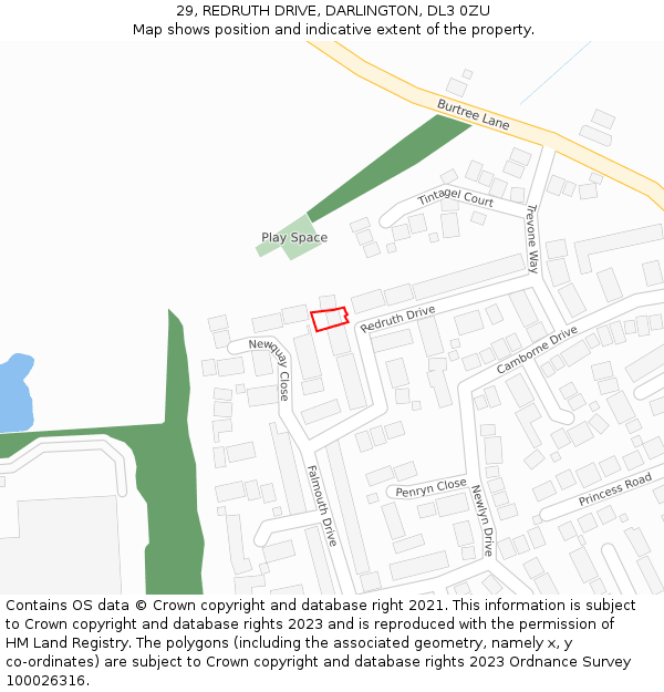 29, REDRUTH DRIVE, DARLINGTON, DL3 0ZU: Location map and indicative extent of plot