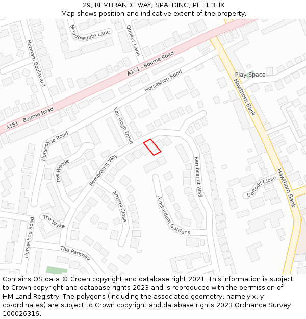 29, REMBRANDT WAY, SPALDING, PE11 3HX: Location map and indicative extent of plot