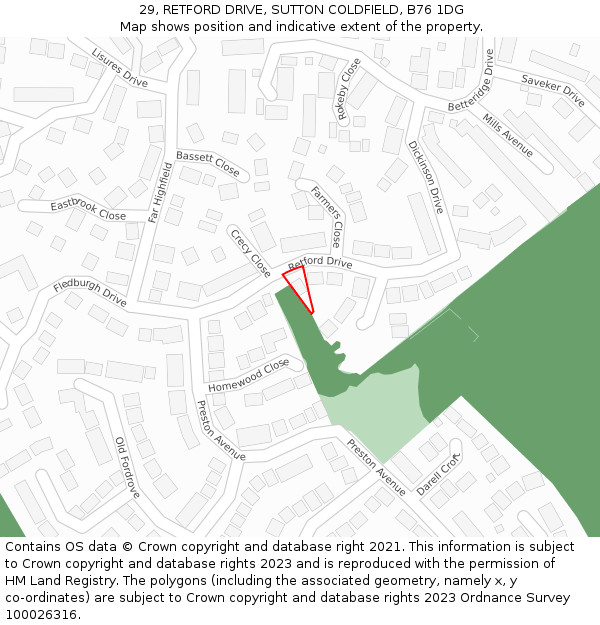 29, RETFORD DRIVE, SUTTON COLDFIELD, B76 1DG: Location map and indicative extent of plot