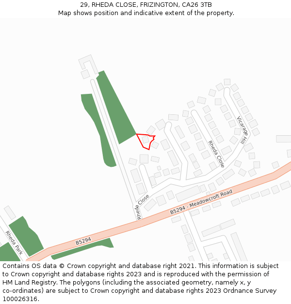 29, RHEDA CLOSE, FRIZINGTON, CA26 3TB: Location map and indicative extent of plot