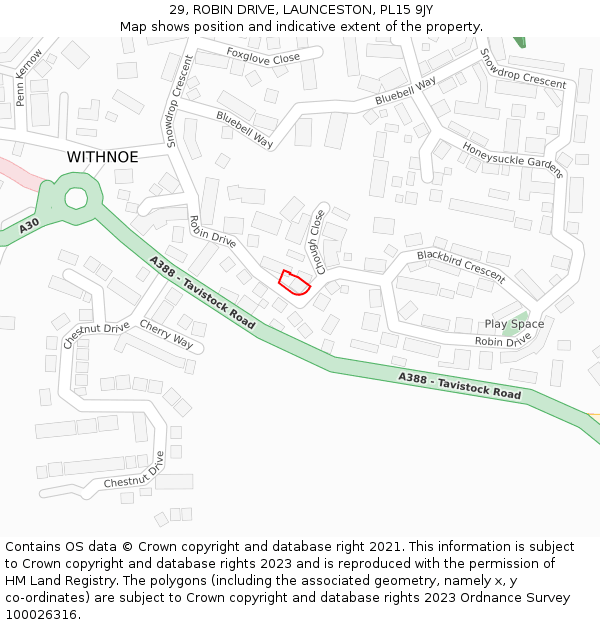 29, ROBIN DRIVE, LAUNCESTON, PL15 9JY: Location map and indicative extent of plot