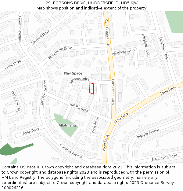 29, ROBSONS DRIVE, HUDDERSFIELD, HD5 9JW: Location map and indicative extent of plot