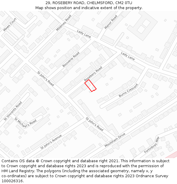 29, ROSEBERY ROAD, CHELMSFORD, CM2 0TU: Location map and indicative extent of plot